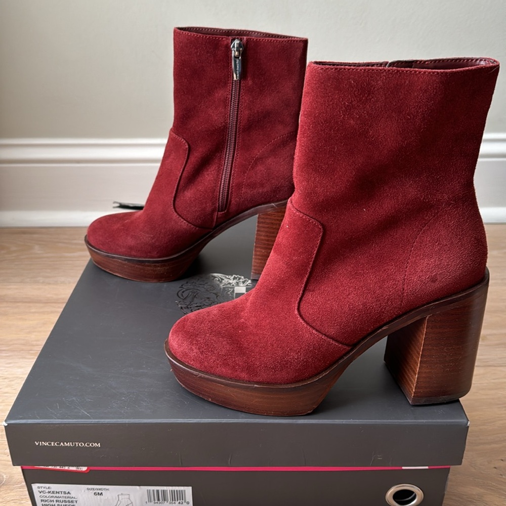 Vince Camuto Kentsa Rich Russet (Burgundy Red) Suede Booties, Size 6